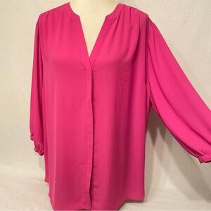 NYDJ Los Angeles Hot Pink Hidden Button-Front V-Neck Blouse Women’s Size 1X